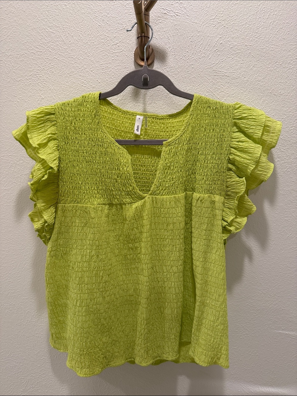glam Lime Green Smocked Flutter Sleeve Blouse